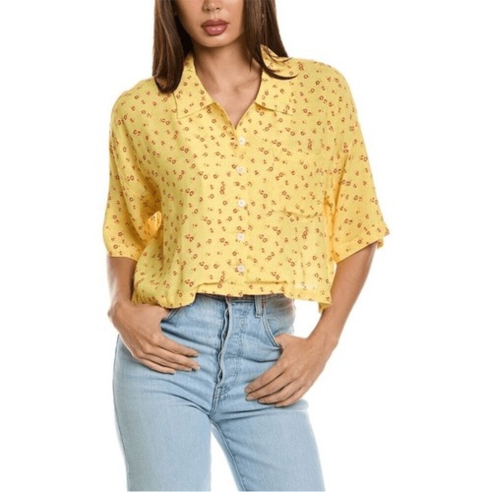 Chaser Kinney Button-Down Yellow Floral Crop Top medium‎